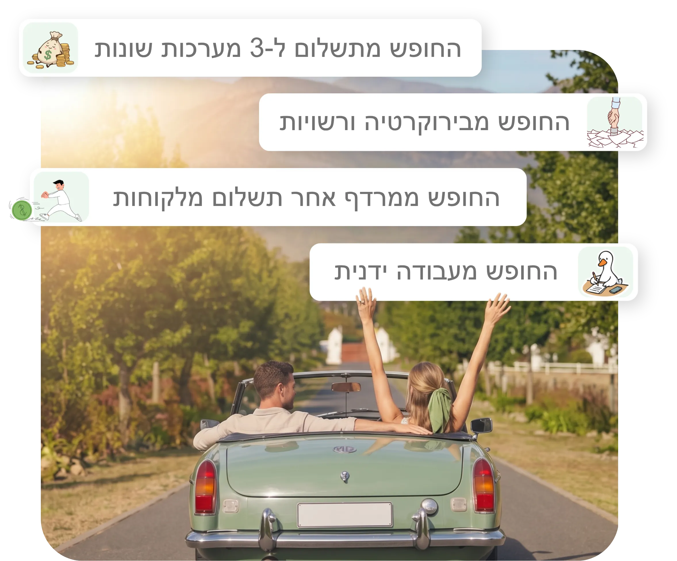 ארבעת ההבטחות של קאליו: חופש מתשלום ל-3 מערכות שונות, חופש מבירוקרטיה ורשויות, חופש ממרדף אחר תשלום מלקוחות, וחופש מעבודה ידנית