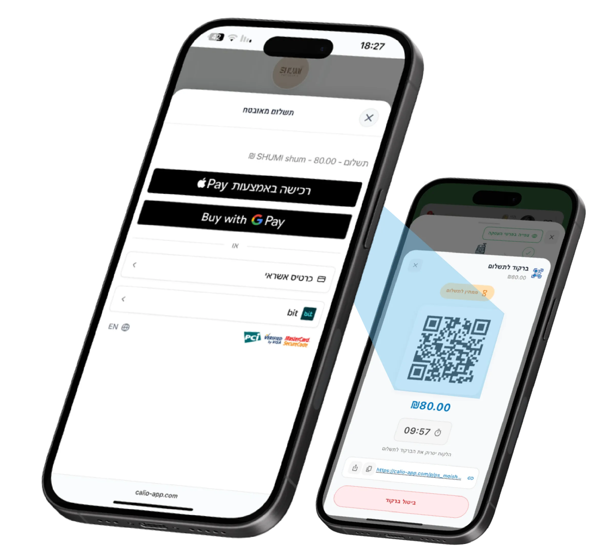 מסכי תשלום באפליקציית קאליו: Apple Pay, Google Pay, אשראי, QR